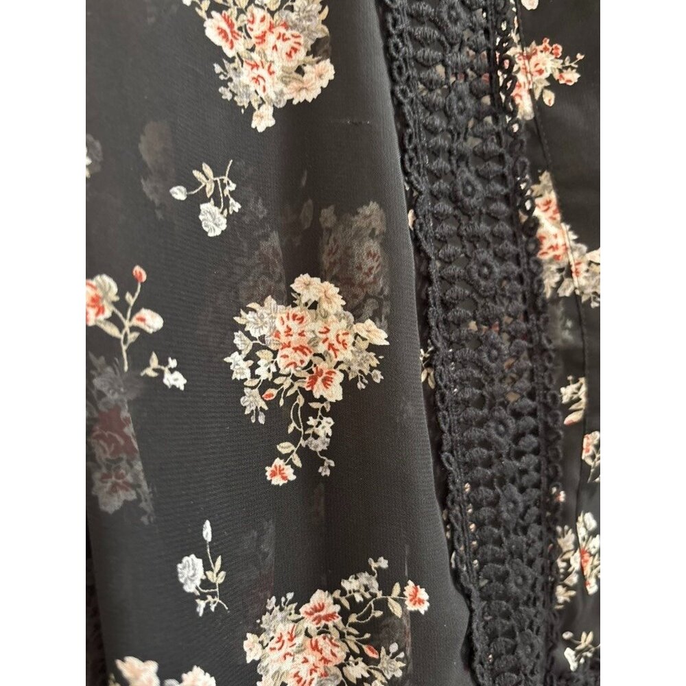 Black Rainn Semi-Sheer Black Floral Drawstring Bell Sleeve Crotched Lace Size L - Picture 6 of 13